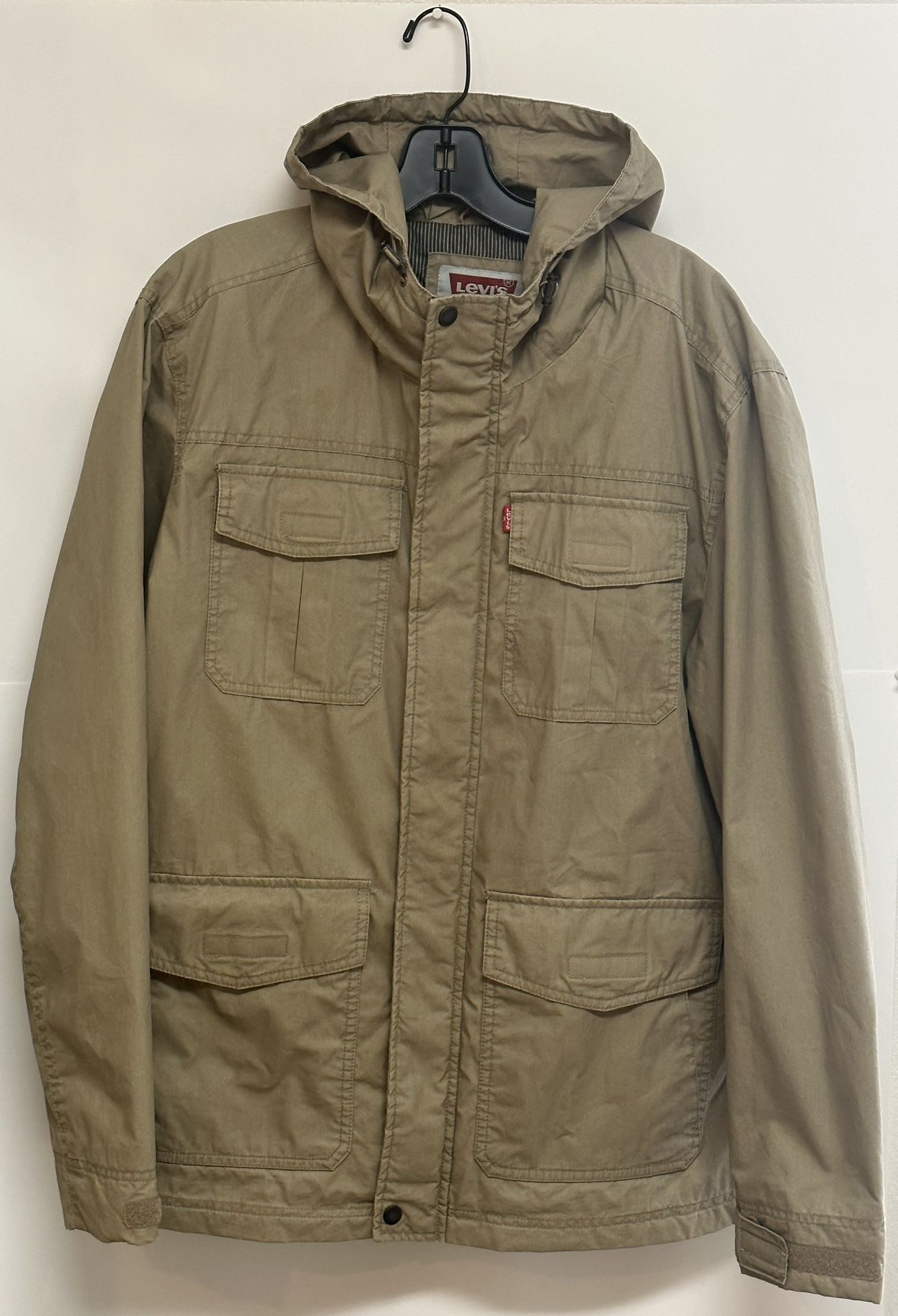 Levi’s Jacket Men’s Large Brown Khaki Hooded Pockets Utility Army Military Coat
