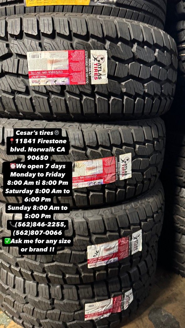 LT275/55R20 ATLAS AT A SET OF FOUR NEW TIRES, INCLUDES MOUNTING AND BALANCING WITH WARRANTY, ASK ME FOR ANY SIZE OR BRAND, WE HAVE THE BEST PRICES!!