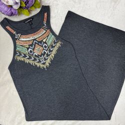 Express Gray Embroidered Sleeveless Midi Dress