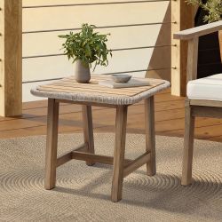 Solid Wood Outdoor Side Table with Woven Wicker Trim, 17.7'' H ，OF2772