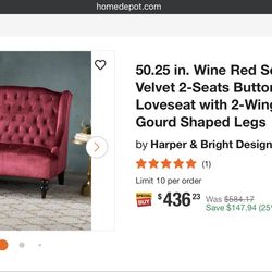 Loveseat- Wine red solid Pine velvet tufted loveseat