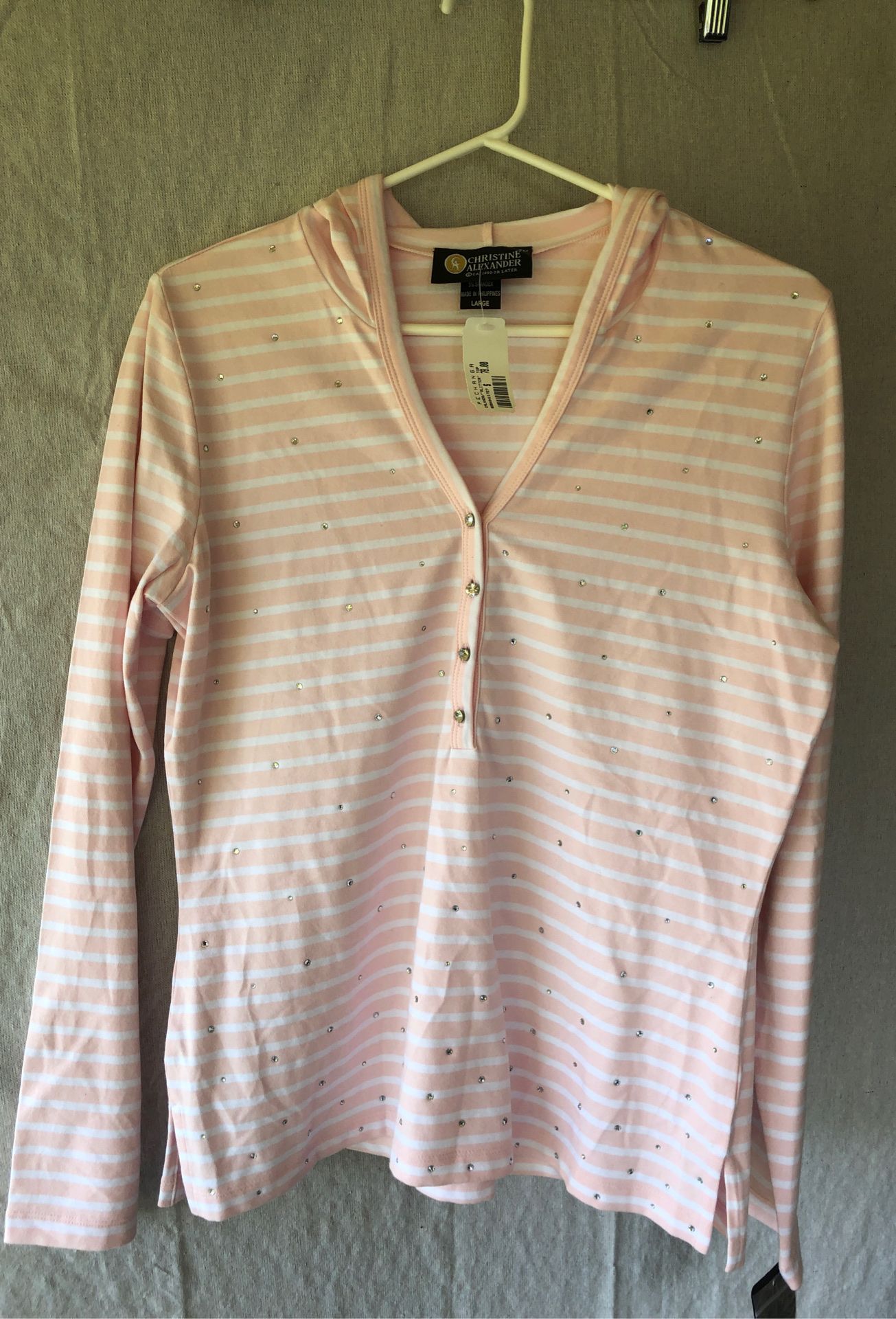Christine Alexander bling Swarovski crystal hoodie top shirt pink and white size large new with tags