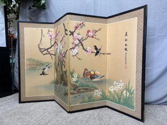 Vintage Chinese Watercolor Cherry Blossom Scene Folding Screen