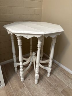 Vintage Octagon Side Table - Solid Wood Shabby Chic White Accent Table
