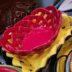 Primo' Gi Italy Red Handmade Ceramic Woven Bread Fruit Basket