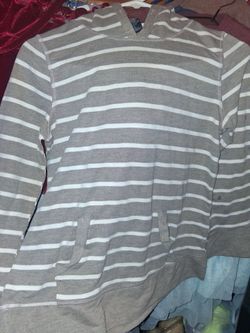 Gray and White Striped Hoodie Sweatshirt