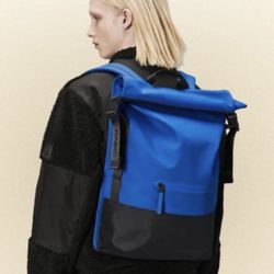 RAINS NWT Blue and Black Rolltop Waterproof Backpack