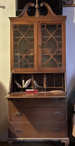 Vintage Walnut 1950s Secretary Desk Drop Front And Glass Cabinet