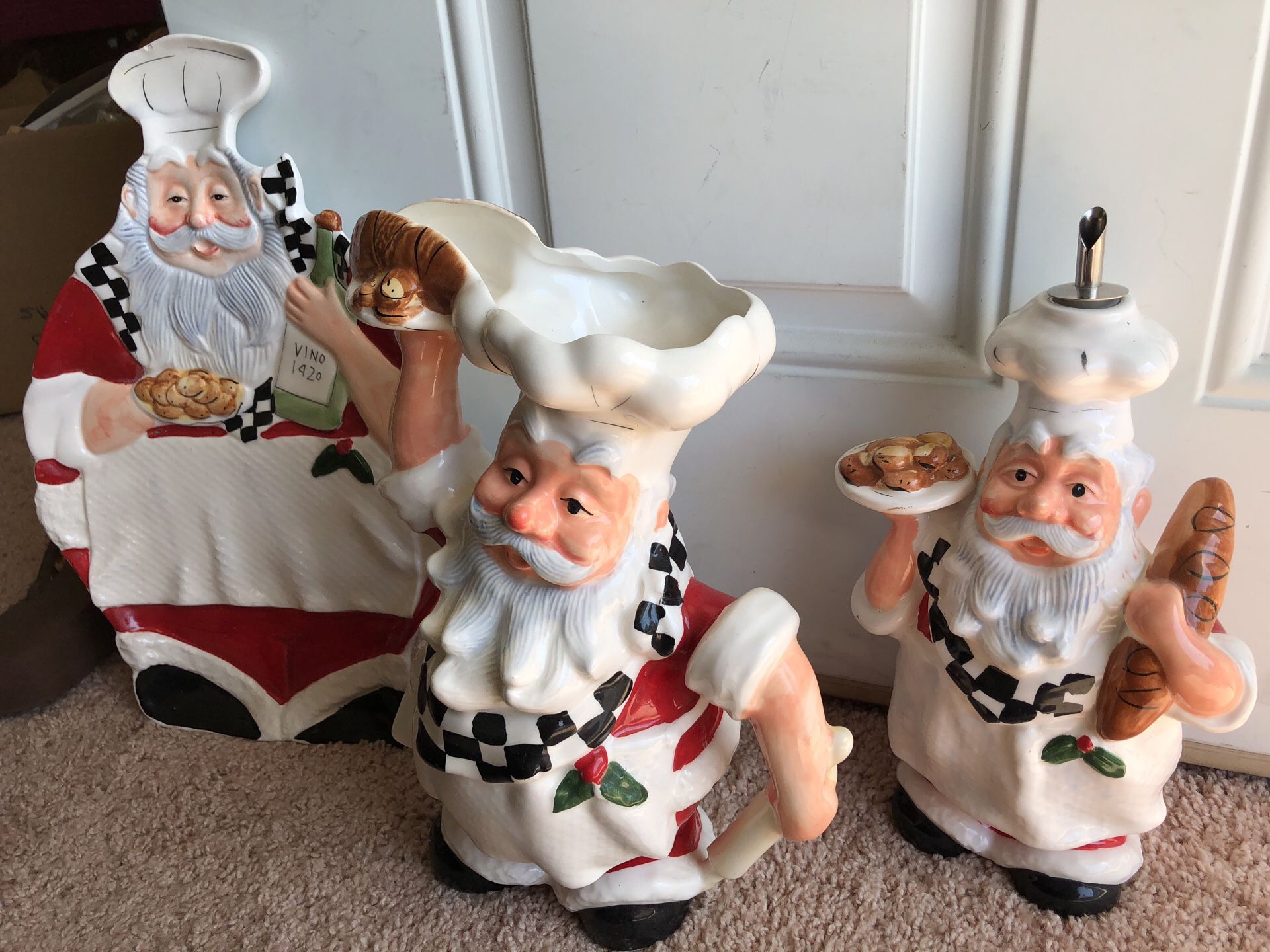 Exquisite and beautiful Santa Chefs ceramic bottle, jug and a train. Kitchen decorations