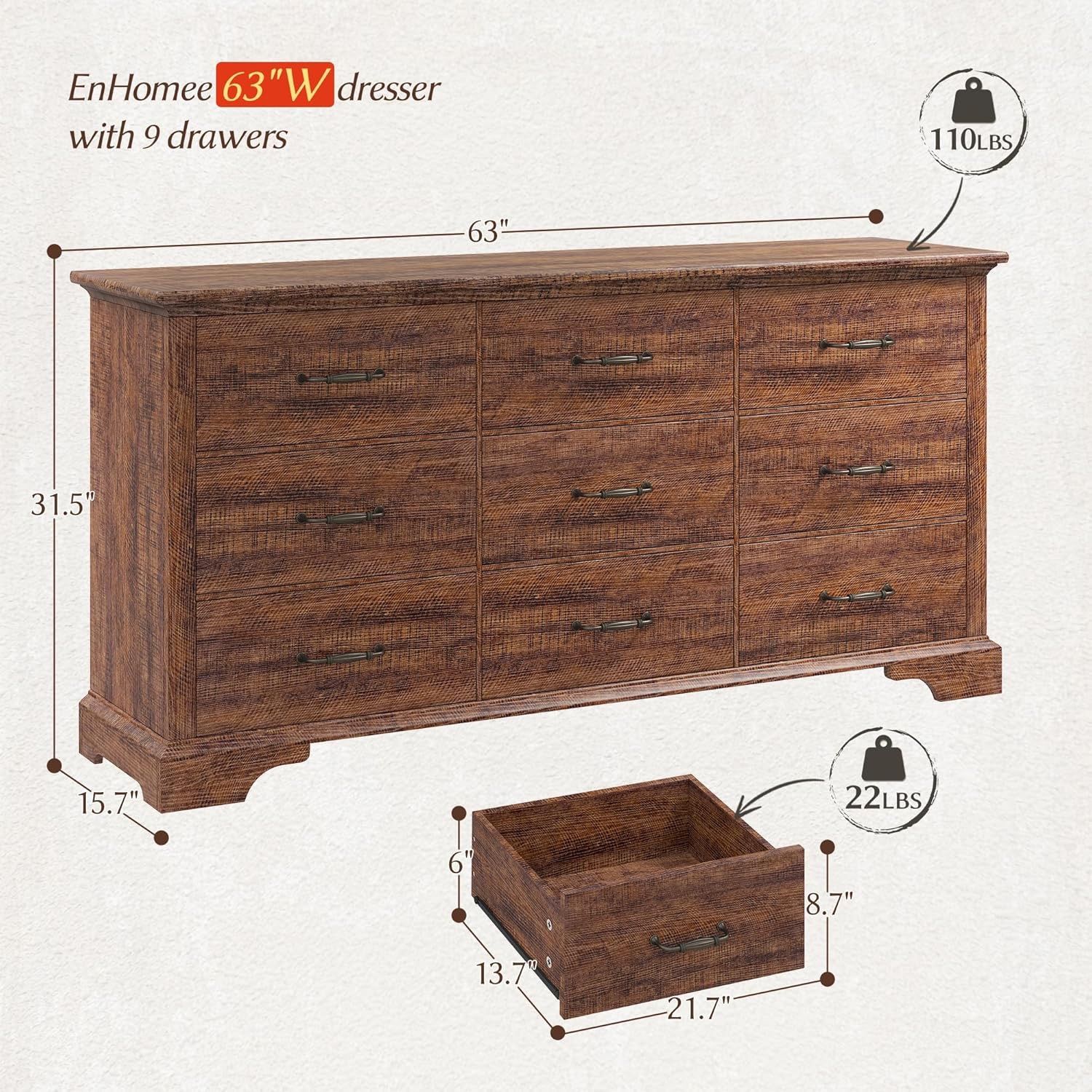 🥨EnHomee 9 Drawers Dresser, 63" W Farmhouse Dressers for Bedroom, Solid Wood TV Stand for TV up to 75” with Large Metal Handle