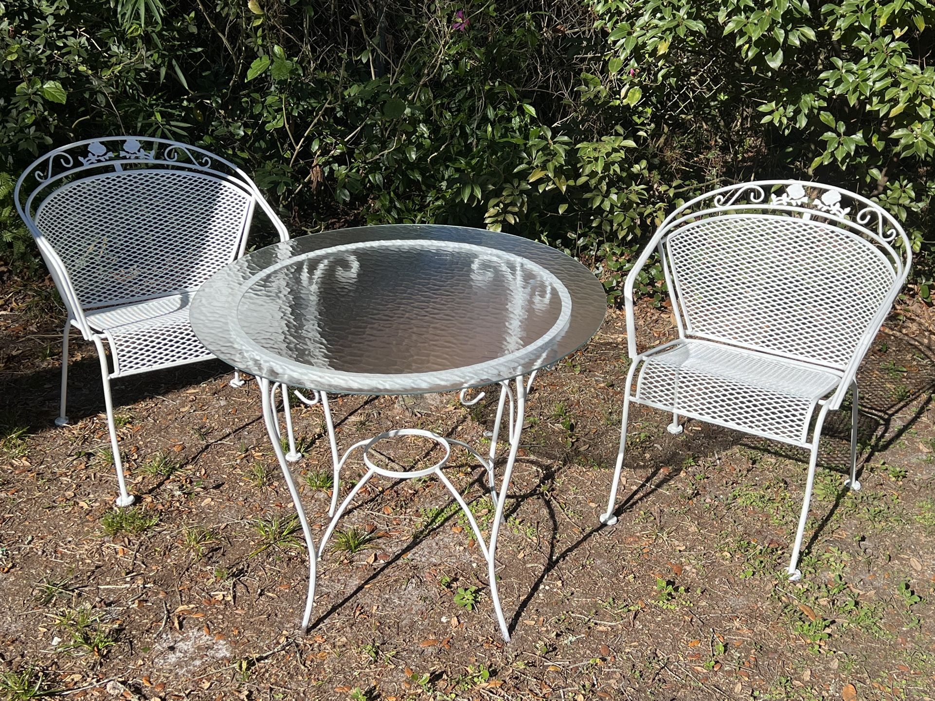 Vintage Russel Woodard - Wrought Iron Chairs With Glass Top Table