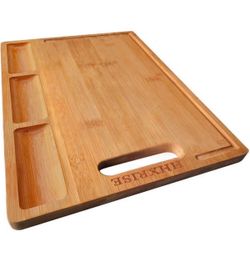 Large Bamboo Cutting Board With 3 Built-In Compartments And Juice Grooves - Kitchen Chopping Board for Meat (Butcher Block) Cheese and Vegetables (XL