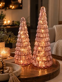 Pink Glass LED Holiday Tree Pair