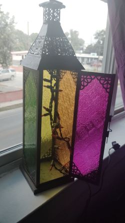 Vintage Decorative Metal Lantern with Colored Glass Panels