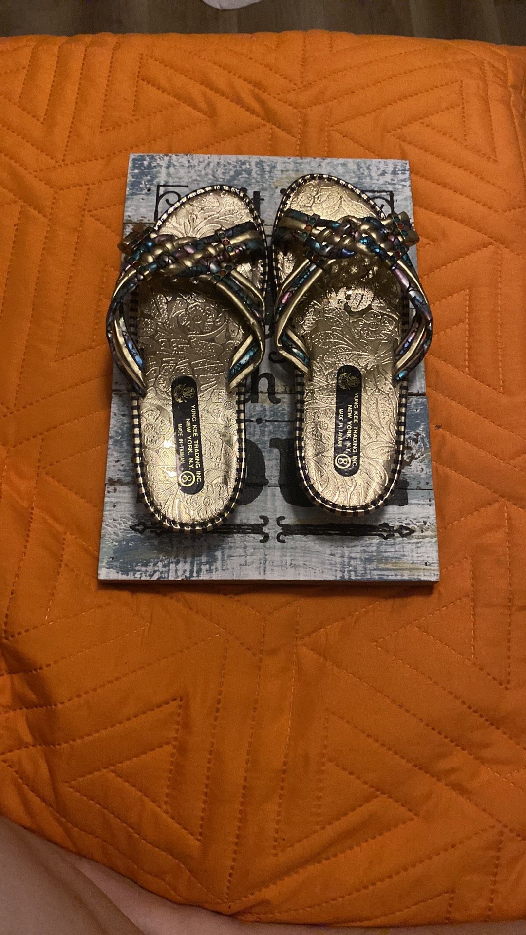 Gold and Emerald Multicolor Braided Sandals size 8