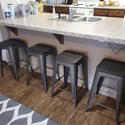 4 24” Counter Bar Stools Wood Seat Rustic Industrial Farmhouse