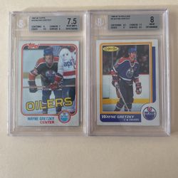 1881-82 Topps #16 Wayne Gretzky 7.5 Beckett Grade,. 1986-87 #3 O-Pee-Chee Wayne Gretzky 8 Beckett Grade 