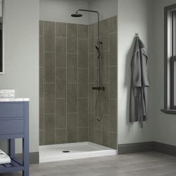 New!! JETCOAT 34 in. D x 48 in. W x 78 in. H 5-Piece Easy Up Adhesive Alcove Shower Surround in Quarry (Small Damage)