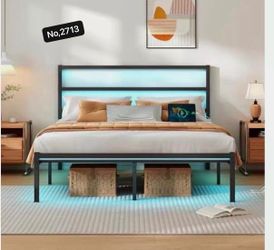 Full Size Bed Frame with Headboard,Heavy Duty Steel Slats Support-LED Bed Frame with USB Charging Station,Mattress Foundation-Under Bed Storage,Black
