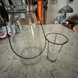 Outside/Inside Glass Lantern w/ Metal Handle and Candle Insert