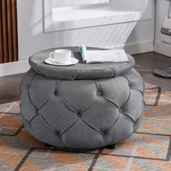 Gray 27.5 in. Burlap Fabric Round Storage Ottoman Button Tufted Ottoman Footstool with Removable Lid G-19