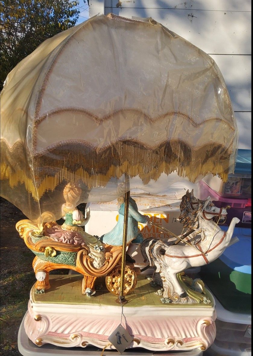 Vintage Mid Cen Capodimonte X-Large Italian Horse Carriage Porcelain Lamp Fringe Shade ( TLC ) FIGURINE