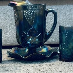 Indiana Harvest Grape Blue Carnival Glass Pitcher w Tumbler Set