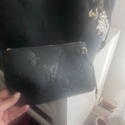 Black leather, large ladies brand bag with larger wallet