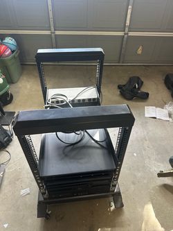 Open Frame Server Rack on Wheels with two server blades, power distribution unit, and dell monitor. NO HDDs