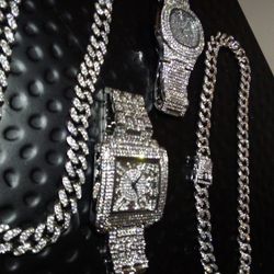 Masculine Luxurious Two✌️ watches & ✌️ chains Cuban Lab Diamonds 4x's Gold Plated 