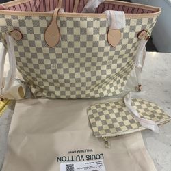 Cream Checkered Tote Bag with Matching Zip Pouch