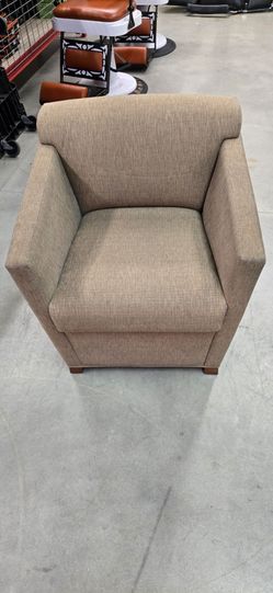 Tan Fabric Accent Chair with Wood Legs