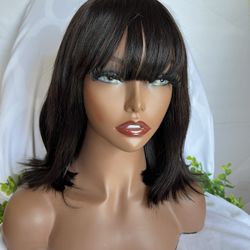 Human Hair Wig Natural Black With Bangs & Lace Scalp