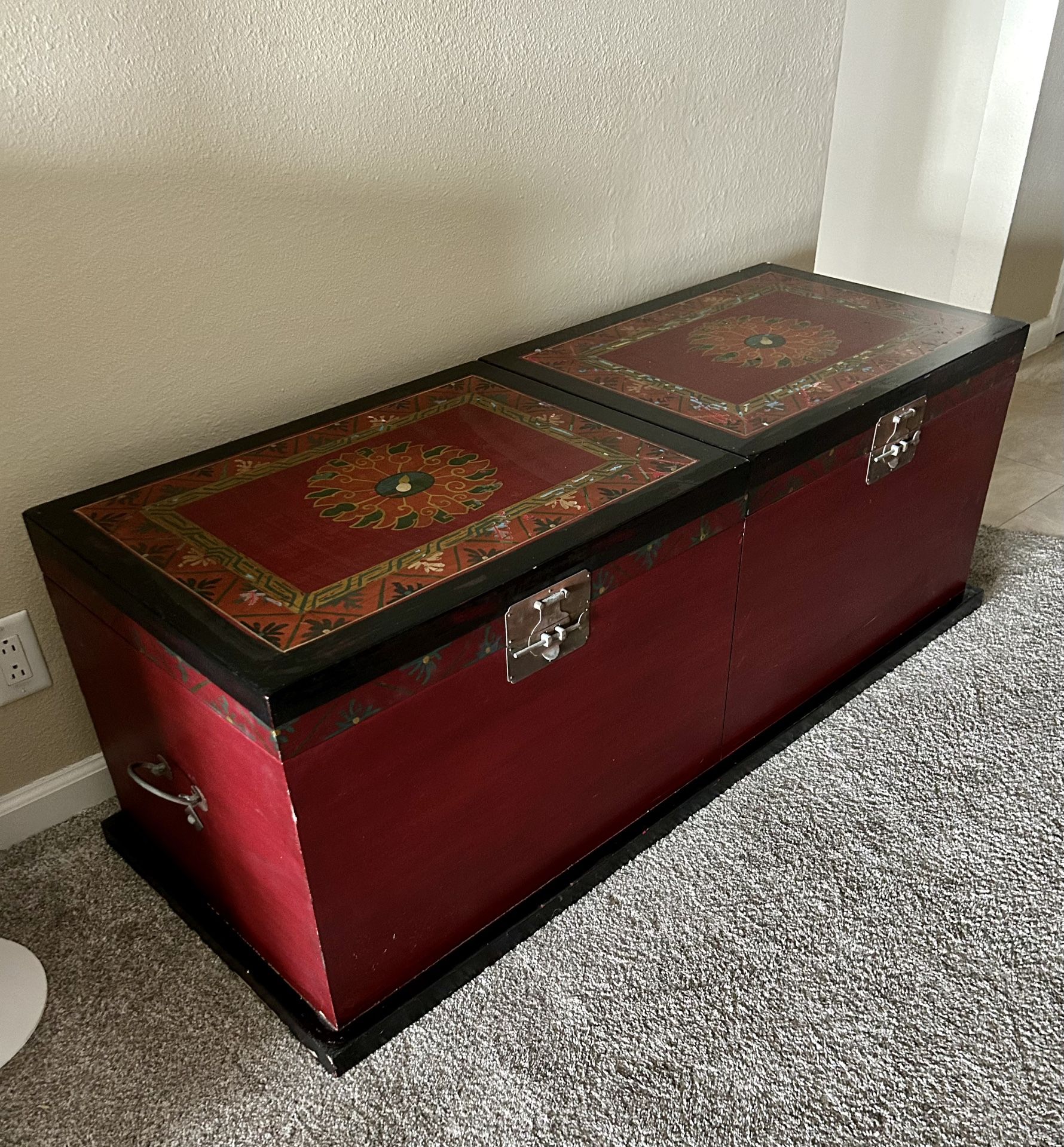 Antique Chinese Red Wooden Trunk Double Size