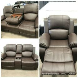 Brand New Brown Leather 3pc Reclining Set With Storage Compartments A Drop Down Table & Built In Cup Holders 