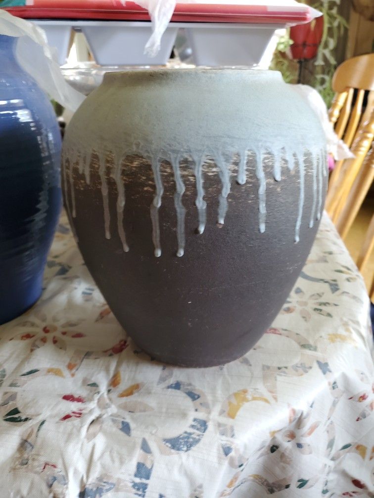 Brown With Light Blue Drips Flower Pot