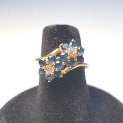 14k Gold Sapphire Diamond Cluster Ring