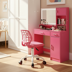 Homy Casa Matera+Carnation Vanity Desk and Chair 2PC Bedroom Vanity Set with Lighted Mirror, Storage, and Adjustable LED in Rose Pink