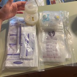 bottle, pacifier holder, breast milk bags 