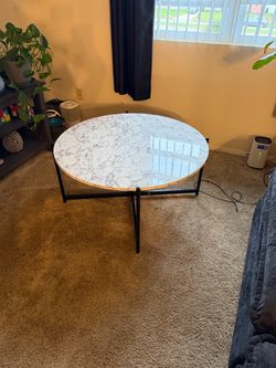 Modern Round Faux Marble Coffee Table – Black Metal Frame