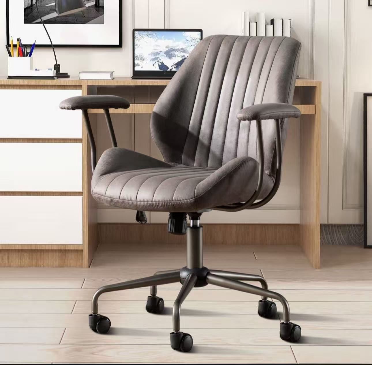 Ergonomic Home Office Chair, Comfy Faux Leather Chairs with Swivel Rolling Wheels Padded Armrests, Mid-Century Modern Computer Task Executive Armchair