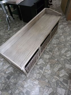 Rustic Wood Storage Bench with Wicker Baskets