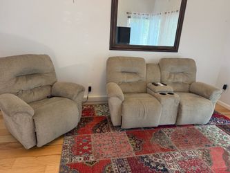 Power reclining couch with console and matching recliner