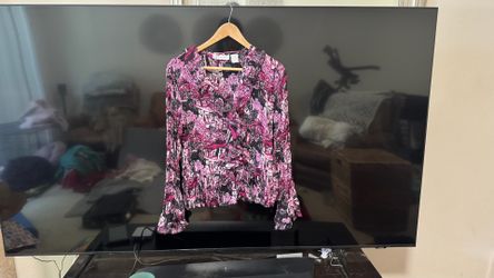 Dressbarn purple and black abstract print polyester blouse with ruffle sleeves, size M