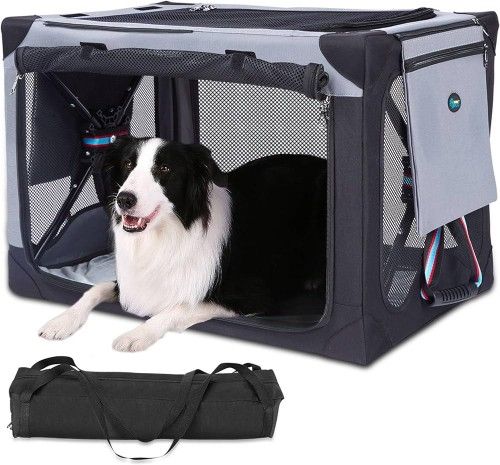 Ownpets 32 Inch Foldable Dog Crate Portable Soft Dog Cage with Detachable Storage Bag and Double-Sided Mat, 3 Door Kennel for Indoor Outdoor