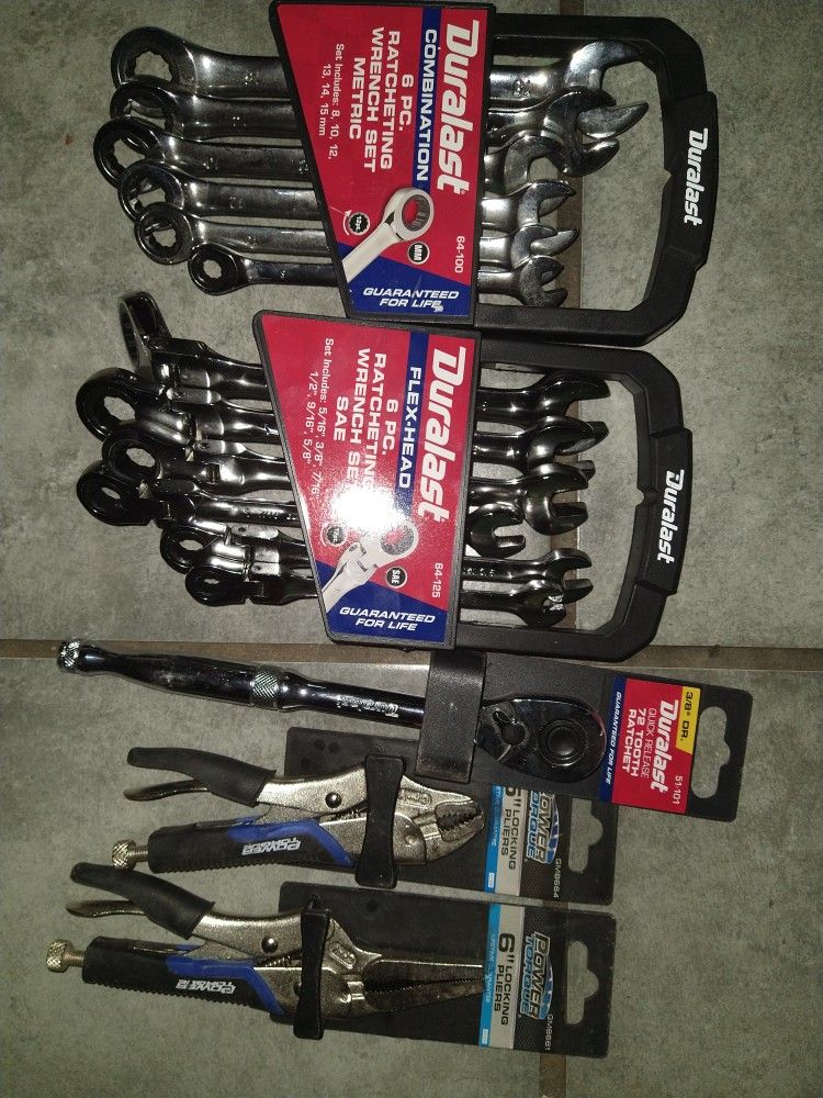 Duralast 3/8" Ratchet & Combination 6pcs Metric And SAE Flex-Head Ratcheting Wrench Set & Power Torque 5" And 6" Locking Pliers
