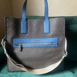 Michael Kors Kenly Large Signature Logo Tote With Blue Trim 