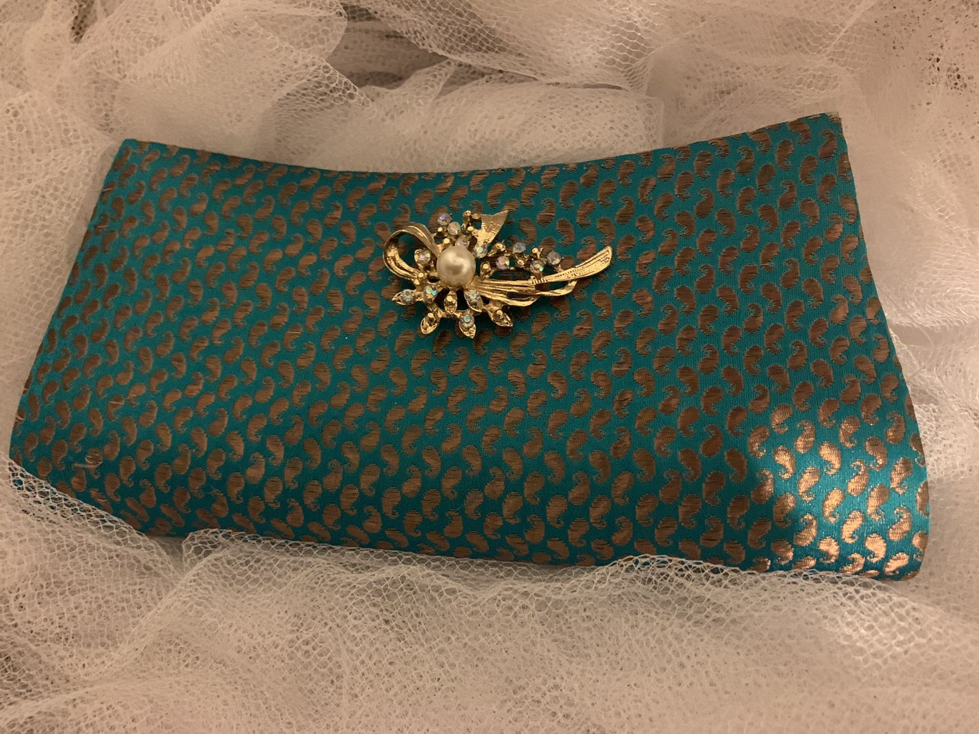 Lady's hand Purse Teal And Gold Color
