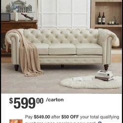 84.25 in. Width Rolled Arm Faux Leather Chesterfield Sofa, Rectangle Three Seater Nailhead Tufted Sofa in. Beige