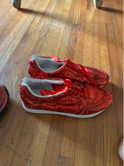 Red sequin sneakers with ribbon laces size 10